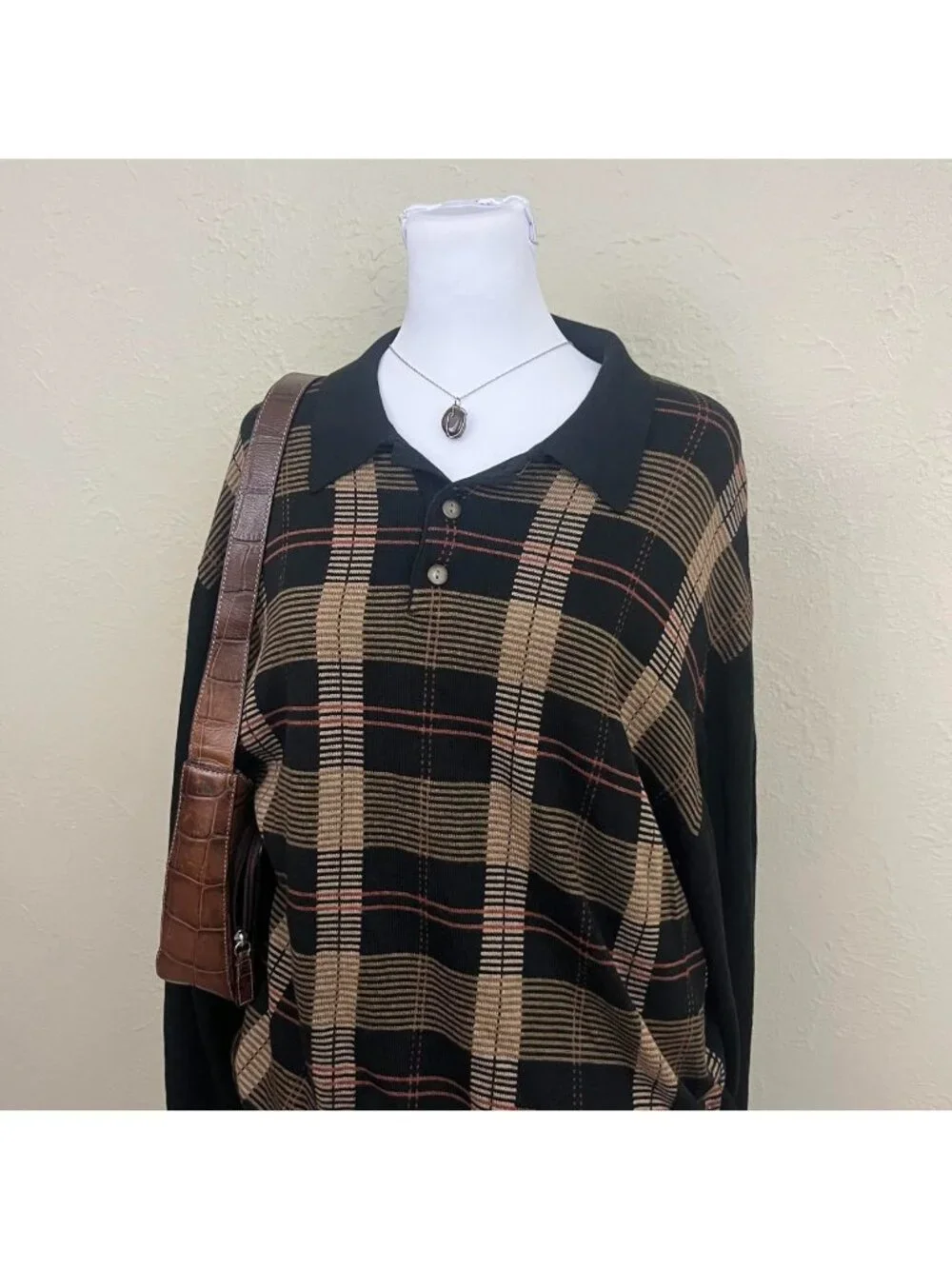 90s plaid preppy academia knit light weight polo sweater